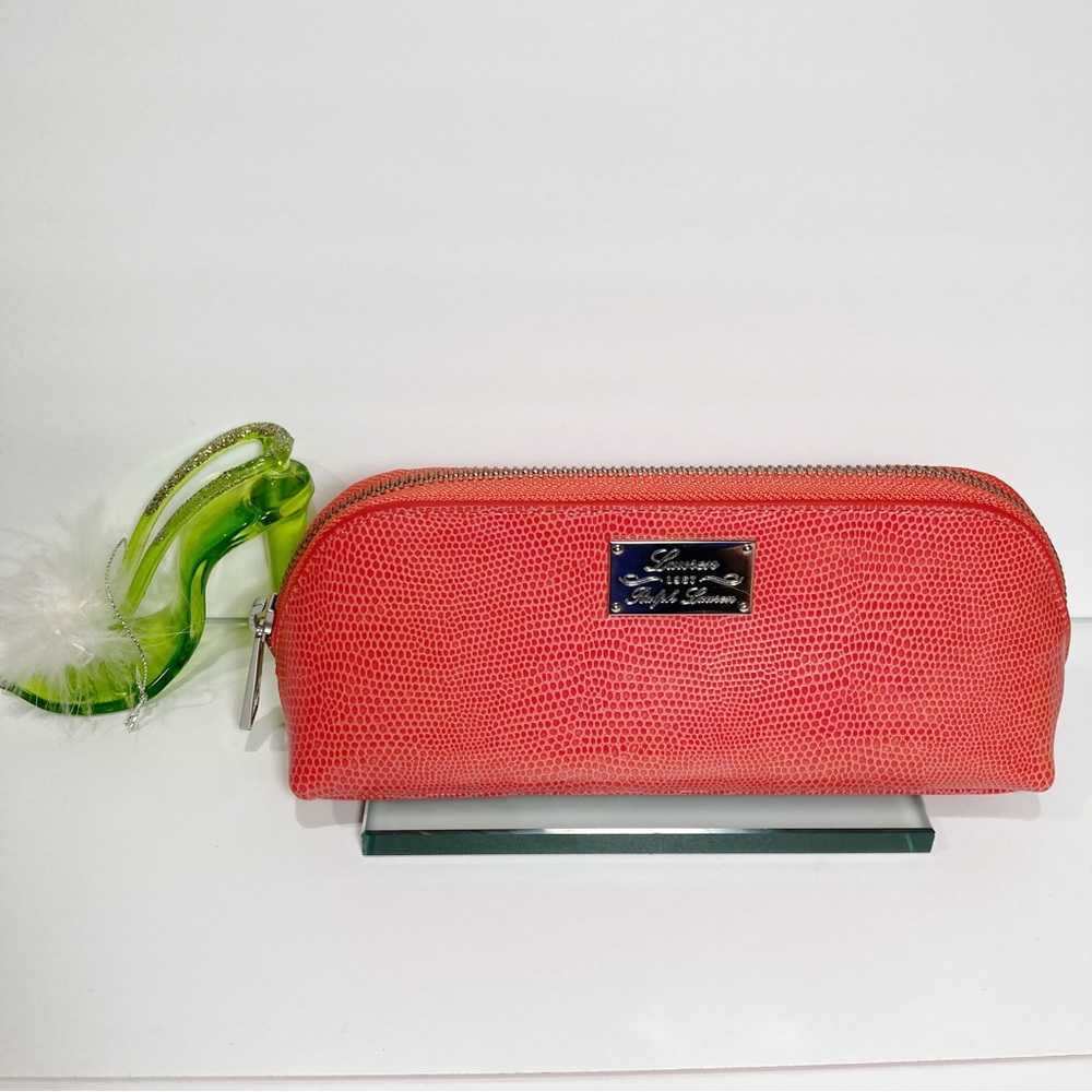 Ralph Lauren Peach Reptile Embossed Brush or Makeup Bag Zipper Top - Picture 1 of 9